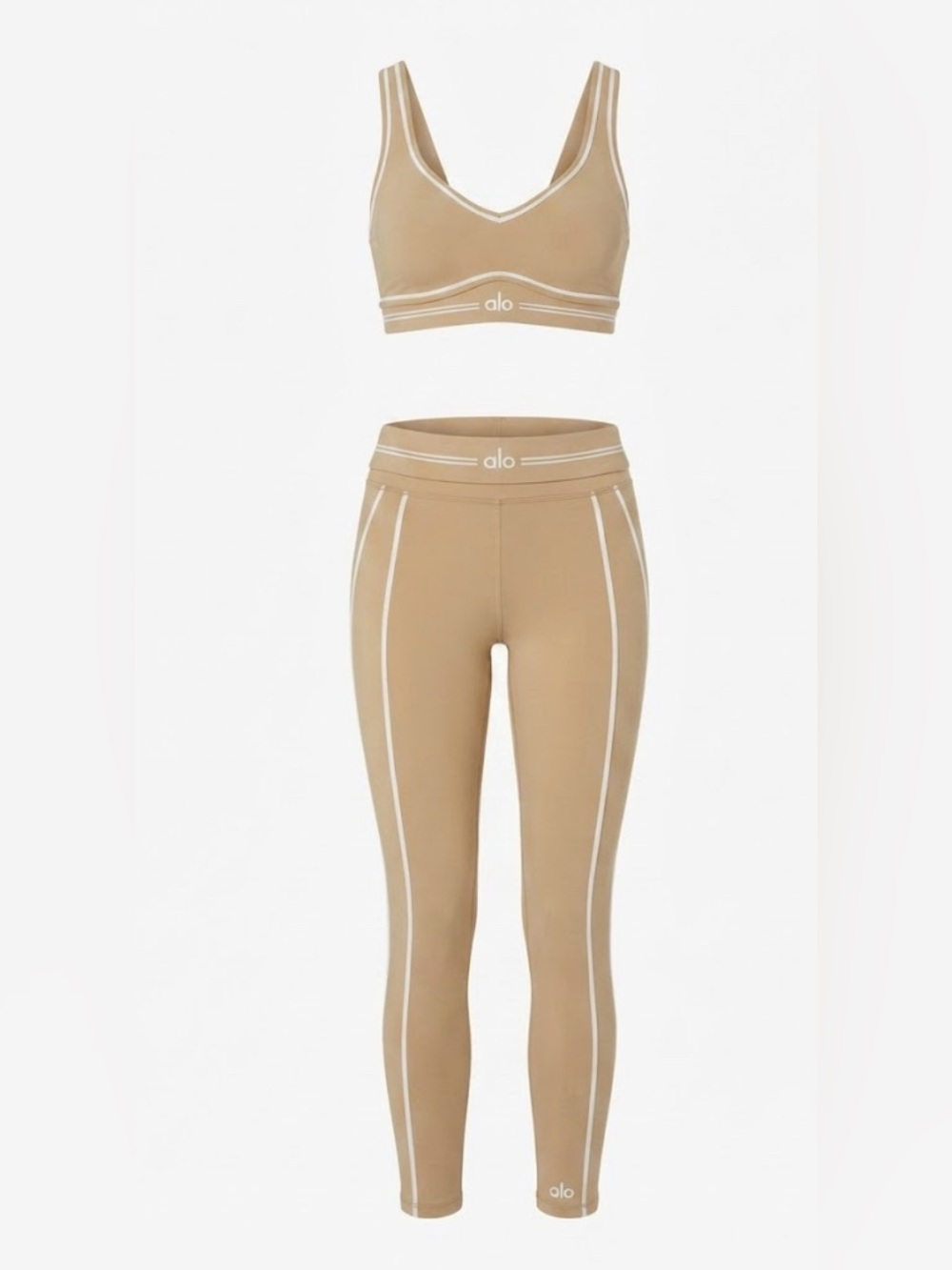ALO Yoga Women’s Beige 2pc Athleisure Set V-Neck Bra & Leggings Stretch, Size L